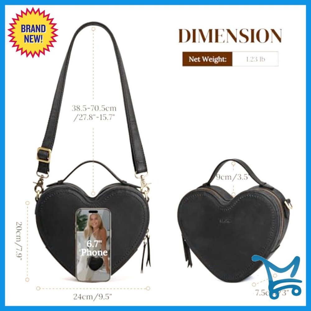 Leather Heart Crossbody Bag with Adjustable Strap, Compact Designer Purse - Picture 3 of 7